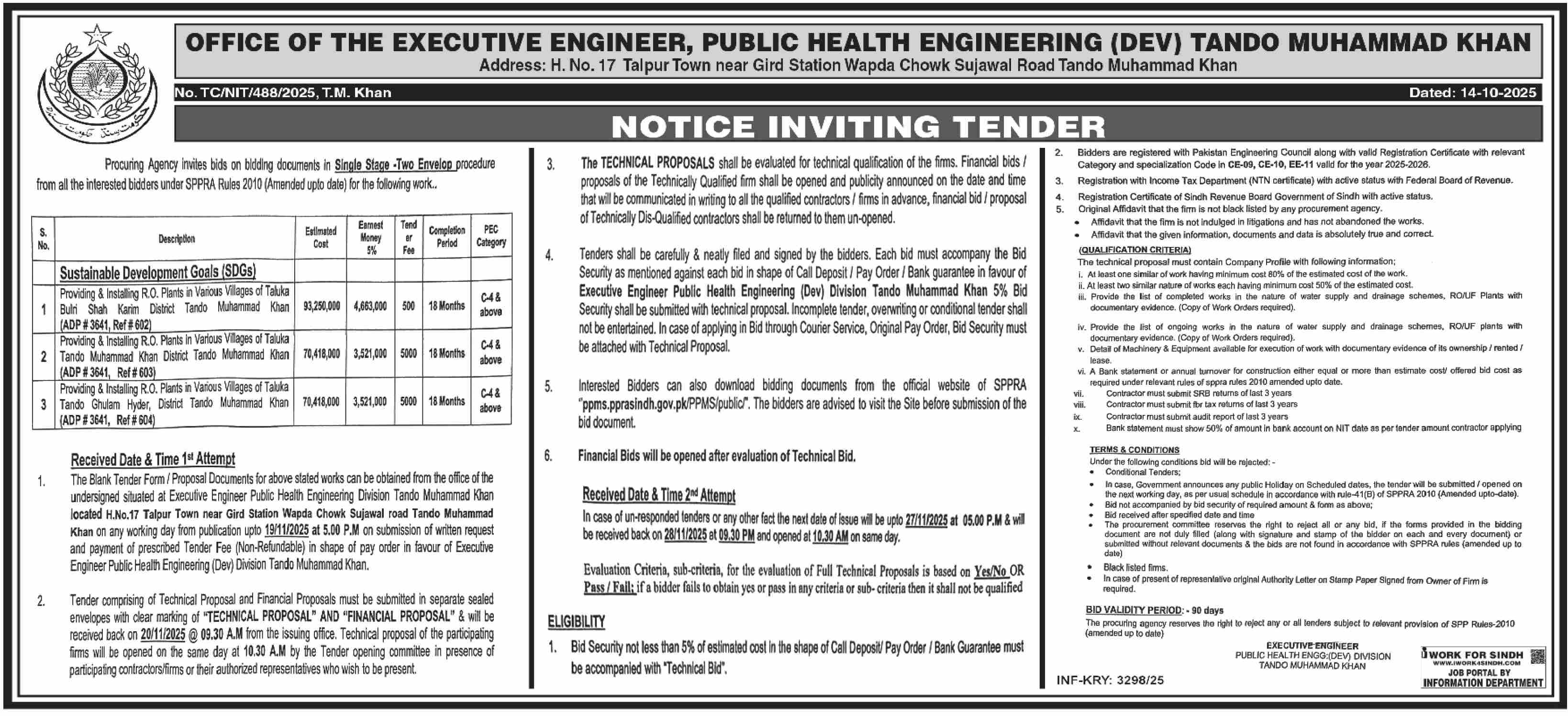 Public Health Engineering Division Tando Muhammad Khan Tender Notice